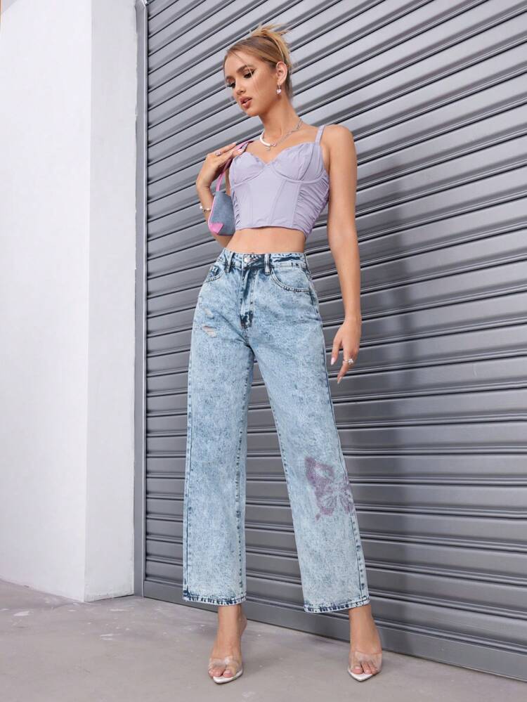 High Waist Chinese Dragon Graphic Ripped Straight Leg Jeans