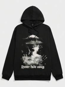 ROMWE MEN Street Life 男士標語和人物圖案抽繩連帽衫 - 黑色 - 查看 1