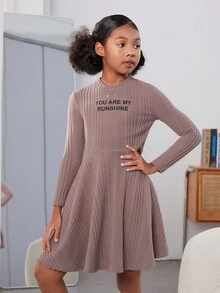 Tween Girl Slogan Graphic Ribbed Knit Flare Hem Dress - Dusty Pink - View 4