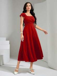 Modelyn Solid Square Neck A-Line Dress For New Year Clothes Maxi Women Outfit - Red - View 5