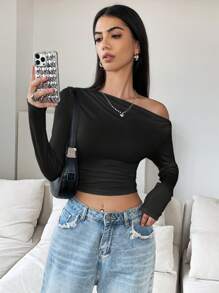 SHEIN Unity Camiseta crop de cuello asimétrico - Negro - Ver 4