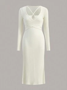 SHEIN MOD Solid Criss Cross Ribbed Knit Dress - Apricot - View 1