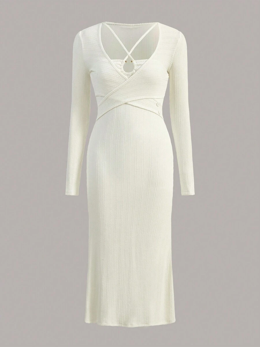 SHEIN MOD Solid Criss Cross Ribbed Knit Dress - Apricot - View 1