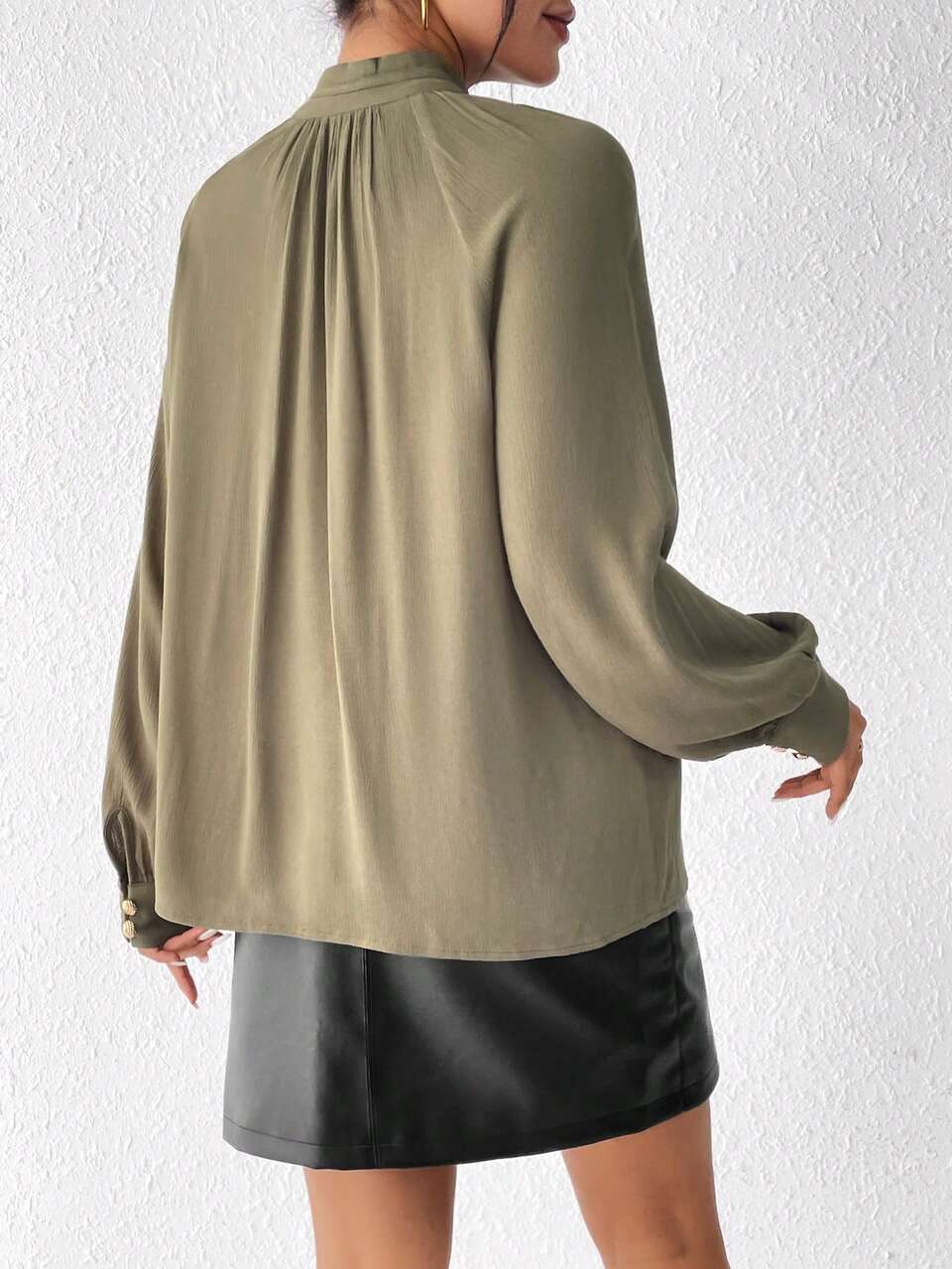 Mock Neck Button Detail Raglan Sleeve Ruched Mock Neck Blouse Winter Green Casual Christmas