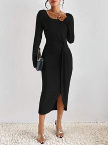 SHEIN Frenchy 前扭結條紋針織緊身洋裝 - 黑色 - 查看 1