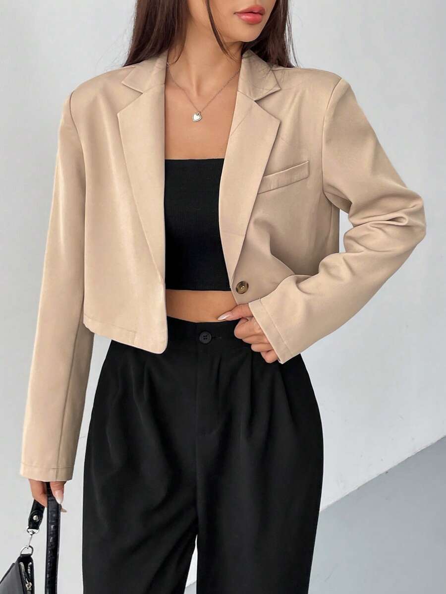 SHEIN EZwear Lapel Neck Single Button Crop Blazer - Khaki - View 1