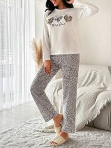 EURMUSE Leopard & Letter Graphic White Top & Pants PJ Set - White - View 4
