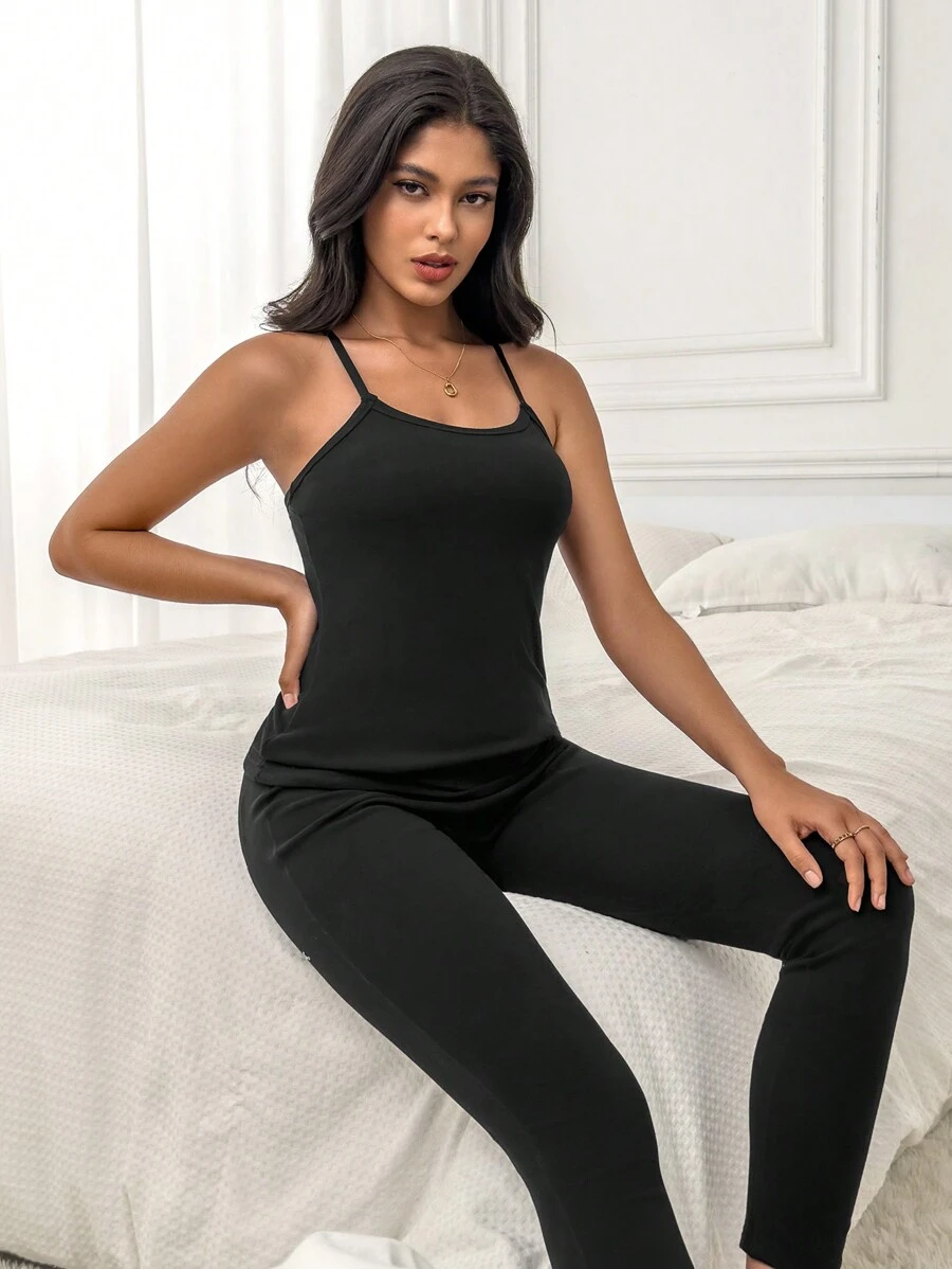 Butterfly Patched Cami Thermal Underwear Set - Black - View 1