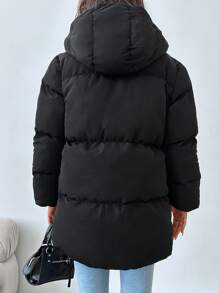 SHEIN Cottnline Flap Pocket Zip Up Puffer Coat - Black - View 2