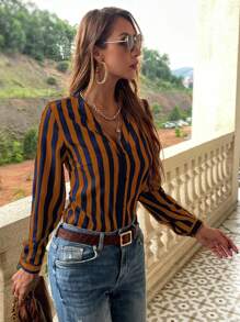 EMERY ROSE 条纹印花纽扣前开襟女式衬衫 - 彩色 - 查看 4