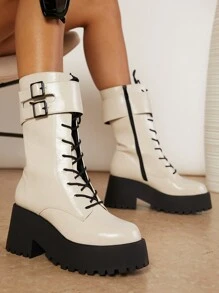 SHUZIA 人造皮革帶扣細節溝紋鞋底馬丁靴 - 米色 - 查看 3