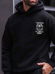 Men's Skull Print Drawstring Hooded Sweatshirt, Casual Street Style, Autumn/Winter, Back To School, For Halloween, Long Sleeve Top - Black - View 6