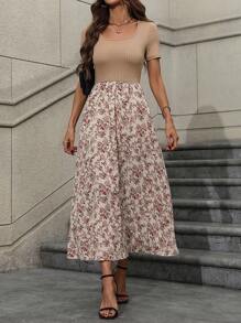 EMERY ROSE Vestido maxi estilo de línea A con estampado floral diminuto y cuello cuadrado para mujeres - Albaricoque - Ver 3