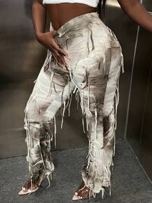 Slaydiva Tie Dye Fringe Trim Pants - Khaki - View 3