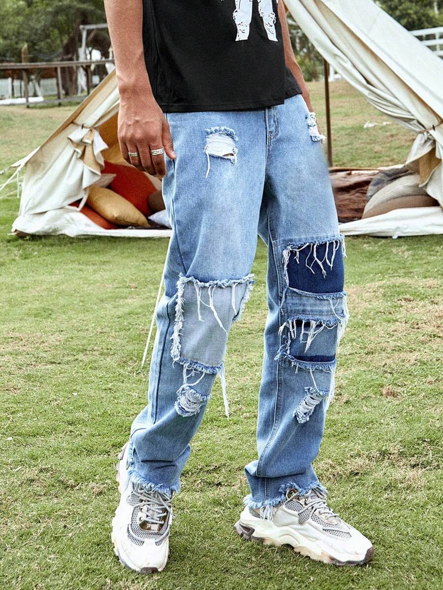 Manfinity EMRG Men Ripped Frayed Straight Leg Jeans - Light Wash - View 1