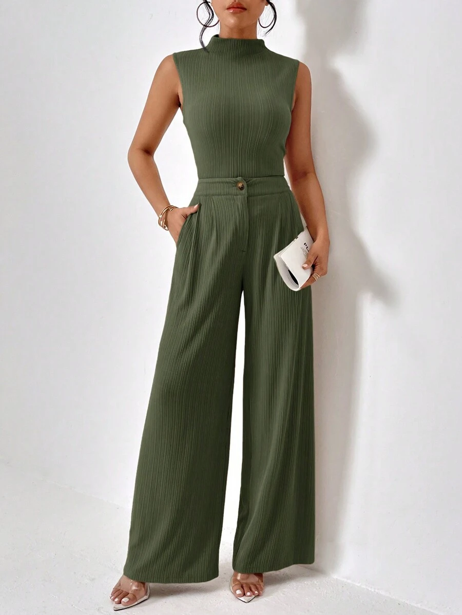 Firerie Mock Neck Tank Top & Wide Leg Pants - Olive Green - View 1