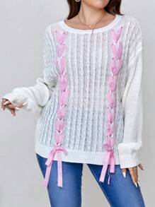 SHEIN Unity Plus Lace Up Front Drop Shoulder Sweater Knit Pullover Fall Winter Sweater - Multicolor - View 4