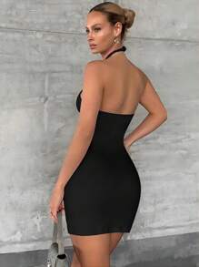 SHEIN Privé 前繫帶繞頸露背緊身連衣裙 - 黑色 - 查看 2