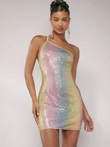 SHEIN BAE Christmas Ombre Sequin One Shoulder Backless Bodycon Dress - Multicolor - View 2