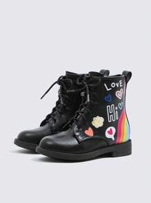 女孩公主靴子,平底學校鞋,黑色皮革短靴適用於小女孩 - 黑色 - 查看 9