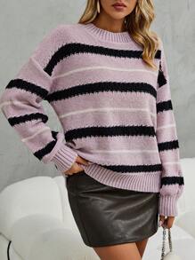SHEIN LUNE Striped Pattern Drop Shoulder Knit Pullover Fall Winter Sweater - Pink - View 1