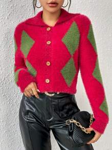 SHEIN Essnce 菱形印花前紐扣絨毛針織套頭毛衣 - 彩色 - 查看 1