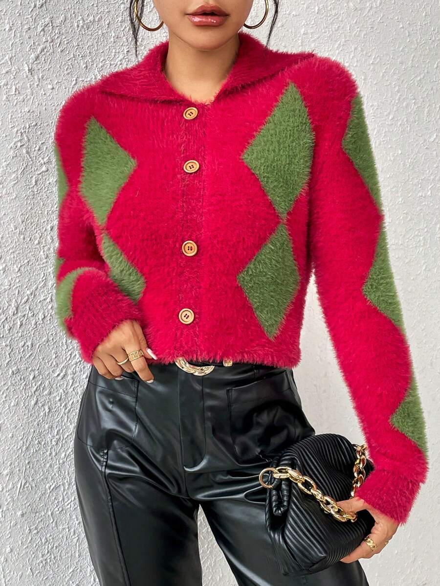 SHEIN Essnce 菱形印花前紐扣絨毛針織套頭毛衣 - 彩色 - 查看 1