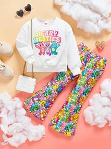 SHEIN X Care Bears 女小童標語圖案運動衫和小熊印花喇叭褲 - 白色 - 查看 1
