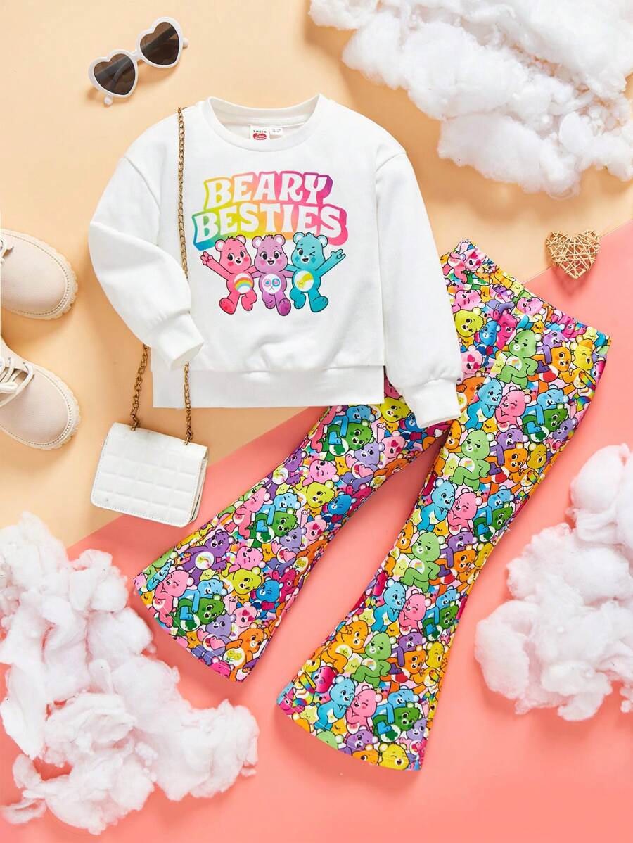 SHEIN X Care Bears 女小童標語圖案運動衫和小熊印花喇叭褲 - 白色 - 查看 1