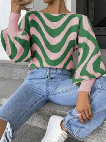Chiquease Wave Striped Pattern Lantern Sleeve Knit Pullover Fall Winter Sweater - Multicolor - View 6