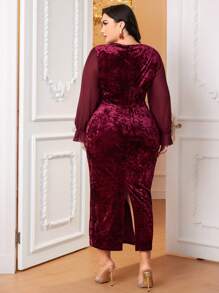 Modelyn 勃艮第红色加荷叶边袖开衩后背天鹅绒连衣裙（无腰带） - 酒紅色 - 查看 2