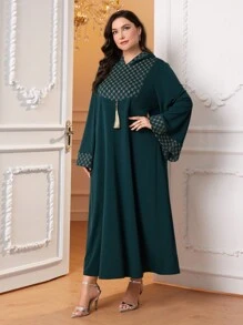 Al Najma Plus Gold Geo Print Tassel Detail Hooded Dress Kaftan Jalabiya Dress