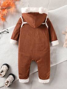 Baby Girl Contrast Binding Zipper Front 3D Ears Design Hooded Teddy Lined Zip Up Dual Pocket Jumpsuit - Brown - View 2