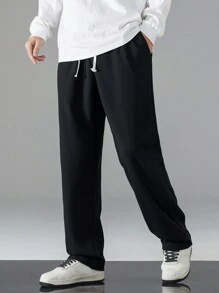 男士休闲宽松加厚华夫格直筒裤 - 黑色 - 查看 1