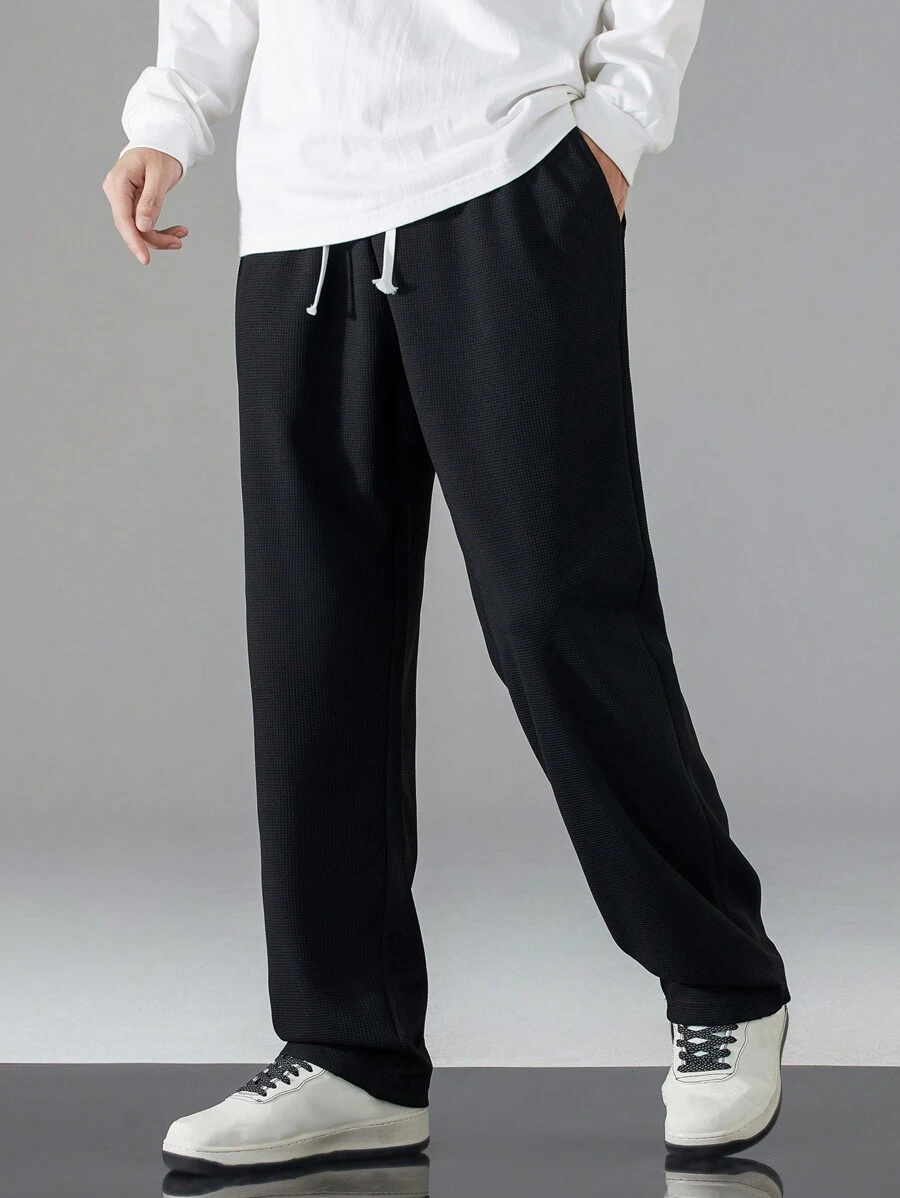 男士休闲宽松加厚华夫格直筒裤 - 黑色 - 查看 1