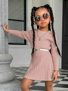 SHEIN 女小童素色條紋針織毛衣洋裝不附腰帶 - 粉色 - 查看 1