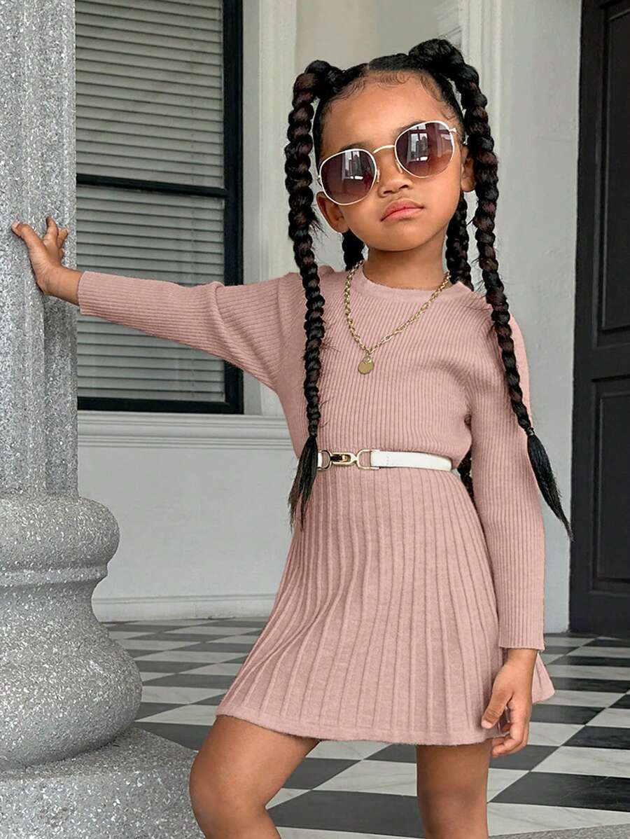 SHEIN 女小童素色條紋針織毛衣洋裝不附腰帶 - 粉色 - 查看 1