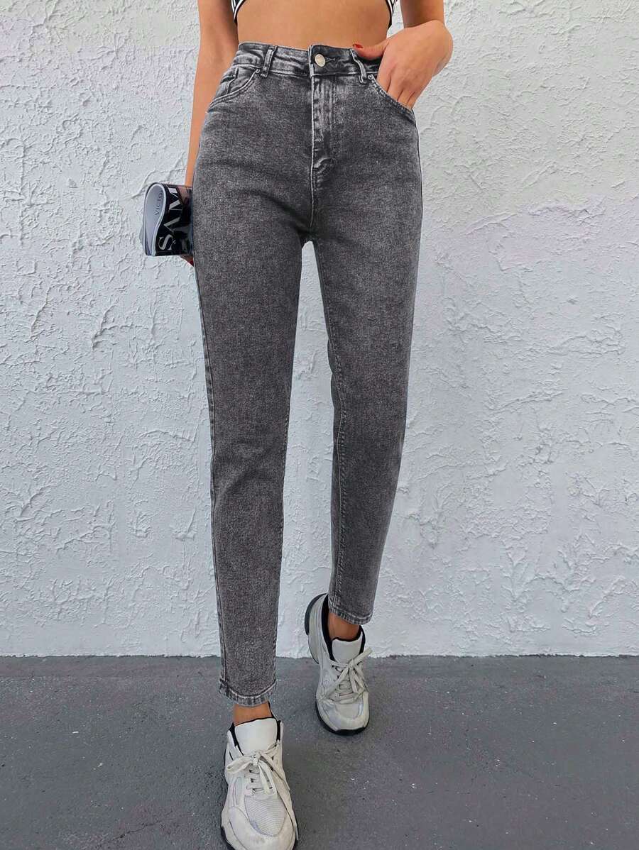 Cloudara Solid Slant Pocket Tapered Jeans - Grey - View 1