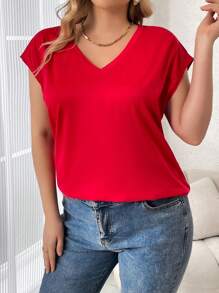 Vionelle Plus Solid Batwing Sleeve V Neck Tee For New Year Clothes - Red - View 1