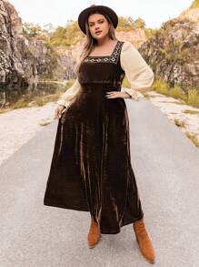 Rusttydustty Hơn In Địa lý Cổ vuông Tay áo lồng đèn Nhung Đầm - màu nâu - Xem 4