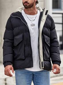 Manfinity Homme Loose-Fit Men's Hooded Padded Coat With Flap Pockets And Drawstring Hem - Black - View 3