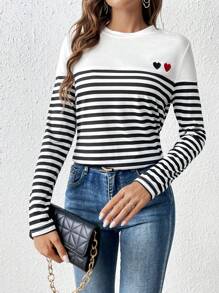 SHEIN Frenchy Striped Heart Embroidery Round Neck Tee Casual Spring Valentine's Day - Multicolor - View 5