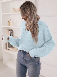 Chiquease V Neck Drop Shoulder Sweater,Long Sleeve Tops Knit Pullover Fall Winter Outfit - Baby Blue - View 5
