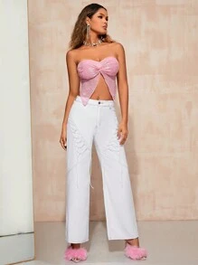 SHEIN Essnce Lace Up Front Wide Leg Jeans - White - View 6