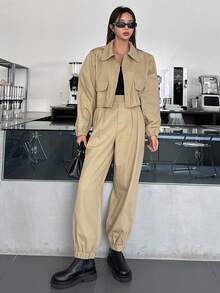DAZY Áo khoác và quần trễ vai có túi nắp - Màu Khaki - Xem 3