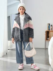 SHEIN Cô gái Tween Khối màu Túi Kép Cổ áo Áo khoác Teddy - Xám - Xem 4