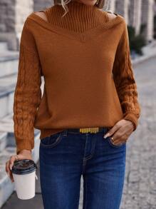 SHEIN Clasi Áo len trễ vai giả cổ cut out - màu nâu - Xem 1