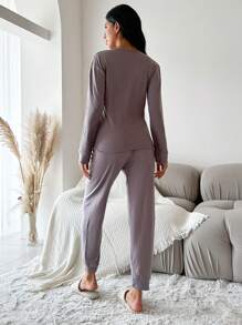 SHEIN Cottnline Slogan Graphic Ribbed Knit Lounge Set - Brown - View 2