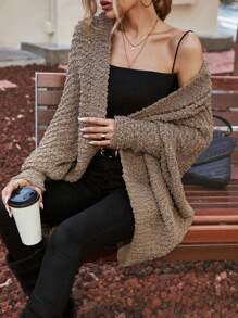 SHEIN Clasi Batwing Sleeve Hooded Duster Cardigan - Brown - View 4