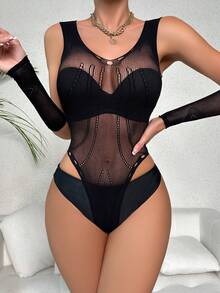 Classic Sexy 鏤空漁網性感緊身連體衣帶1雙袖套 - 黑色 - 查看 5